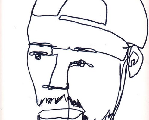 Zeichnung eines Mannes mit Kappe. Aus einer Linie gestaltet. Kreative Arbeit eines Jugendlichen des Projekts "Bugs Art", das vom Domspitzen eV finanziert wurde.